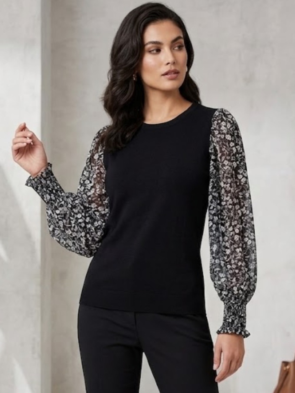 Adrianna Papell Black Blouse with Floral sheer Sleeves Size S